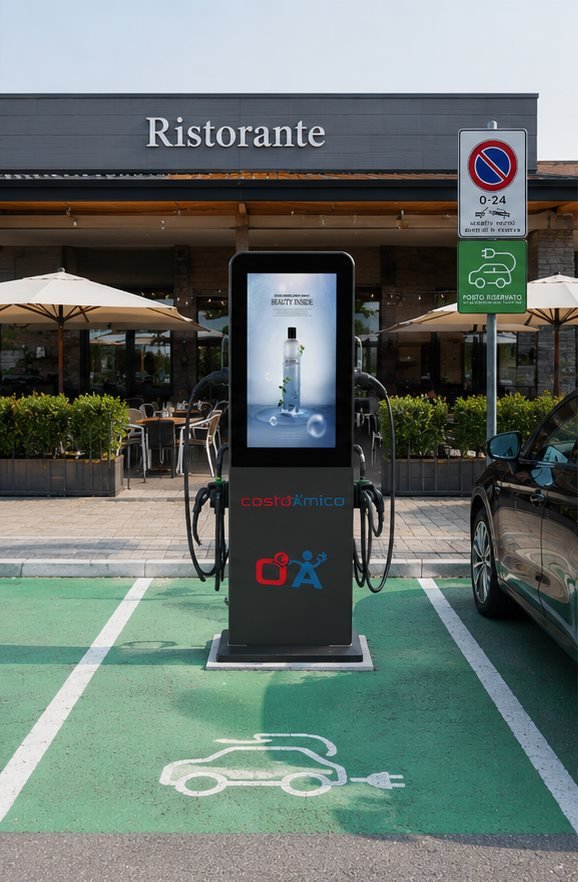 Totem di ricarica EV installato in un ristorante